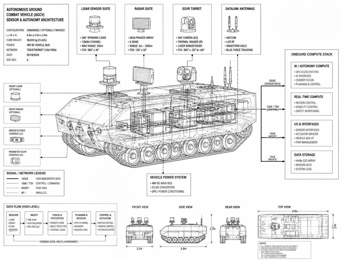 Sensor and autonomy architecture: LIDAR, AESA radar, EO/IR turret and datalinks feeding a redundant onboard compute stack.
